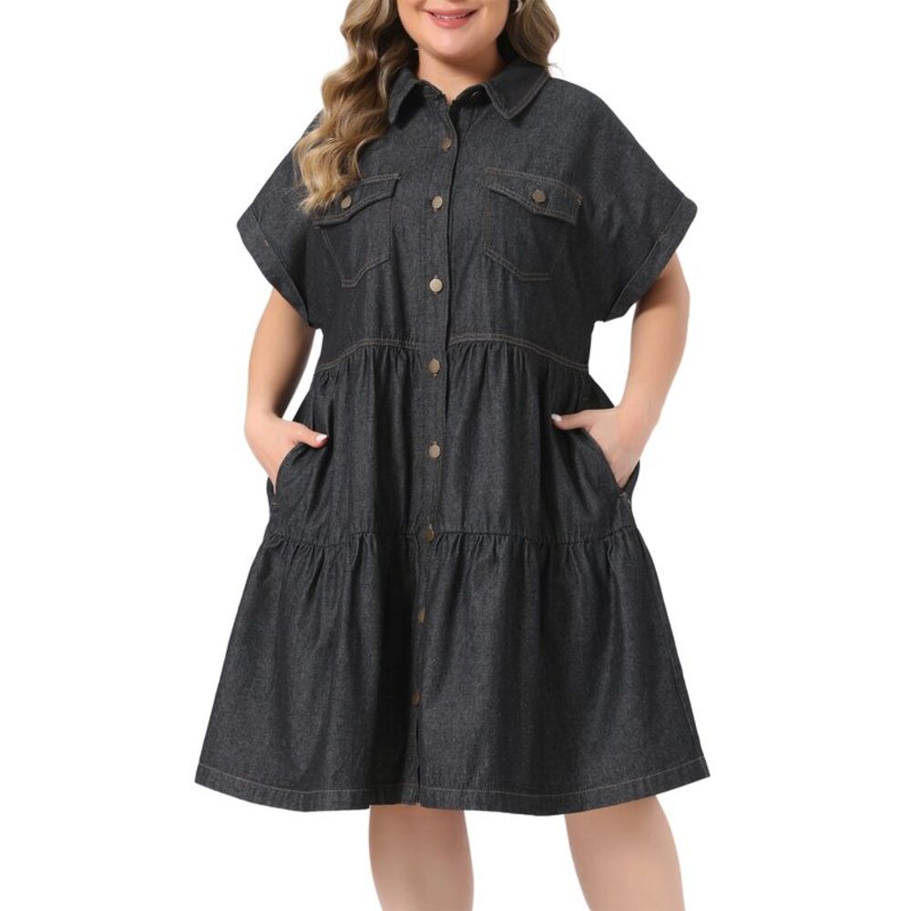 Women Plus Size Button Down Tiered Denim Babydoll Dress Black